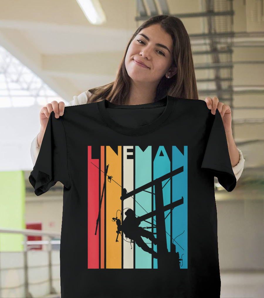 Lineman Vintage Retro Lineman Silhouette on Power Line with Colorful Stripes T-Shirt