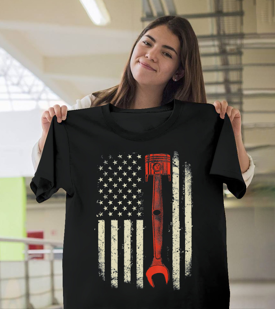 American Flag Piston Wrench Mechanic T-Shirt