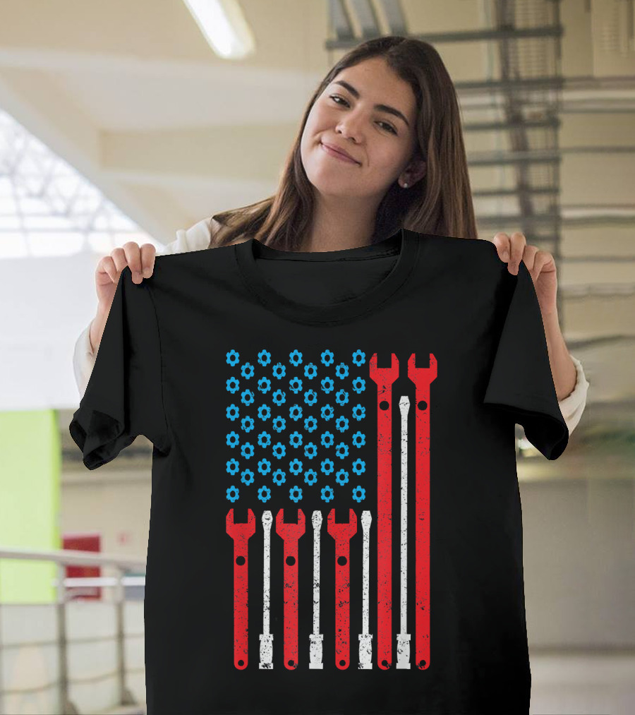 USA Flag Made of Red and White Mechanic Tools with Blue Gear Stars T-Shirt