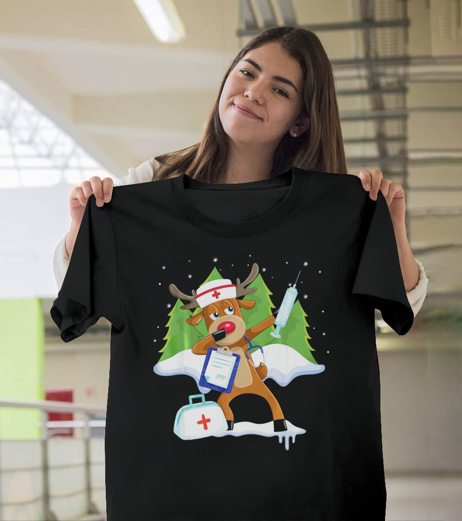 Medical Scrub Top Reindeer Nurse with Clipboard Syringe and Medical Bag in Snowy Forest T-Shirt