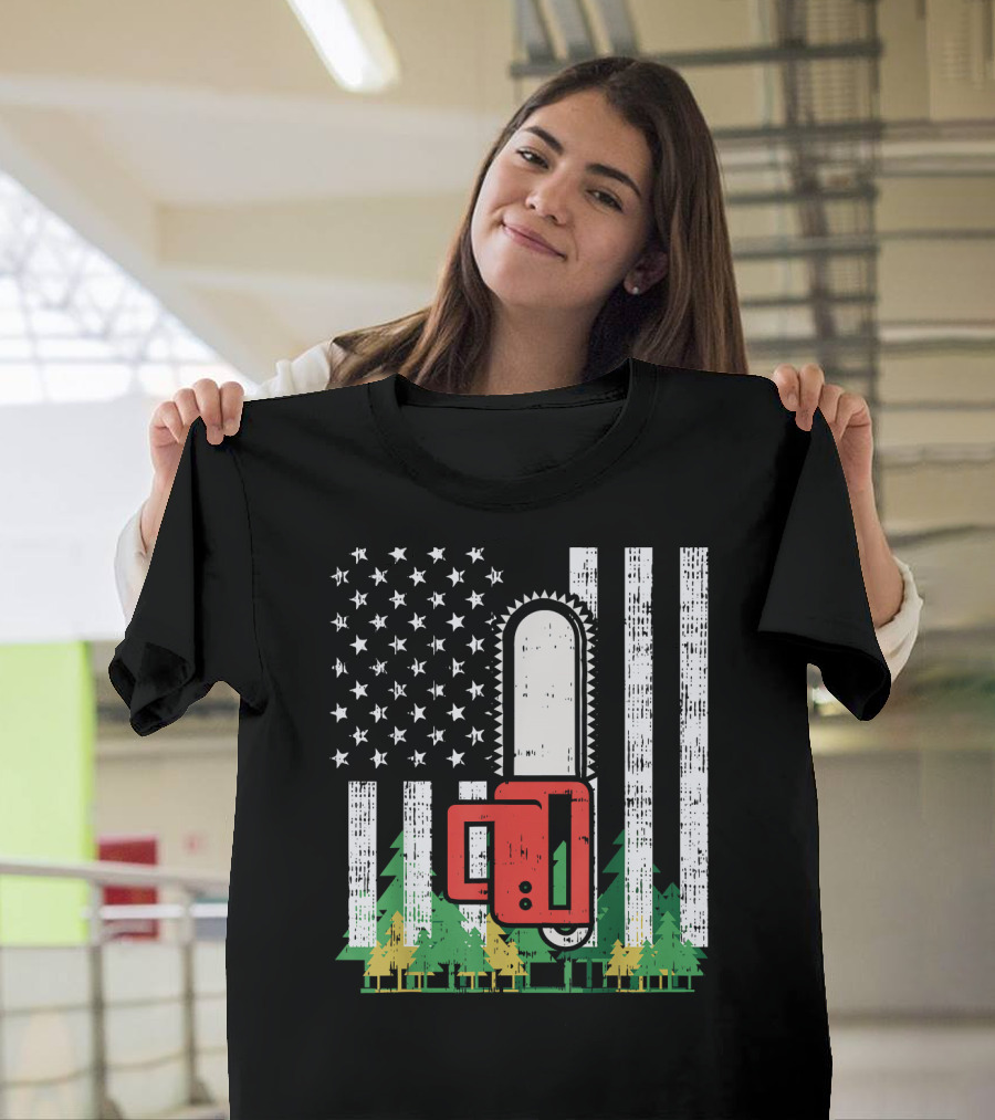 Mens USA Flag Chainsaw Woods Patriotic Forest Americana T-Shirt