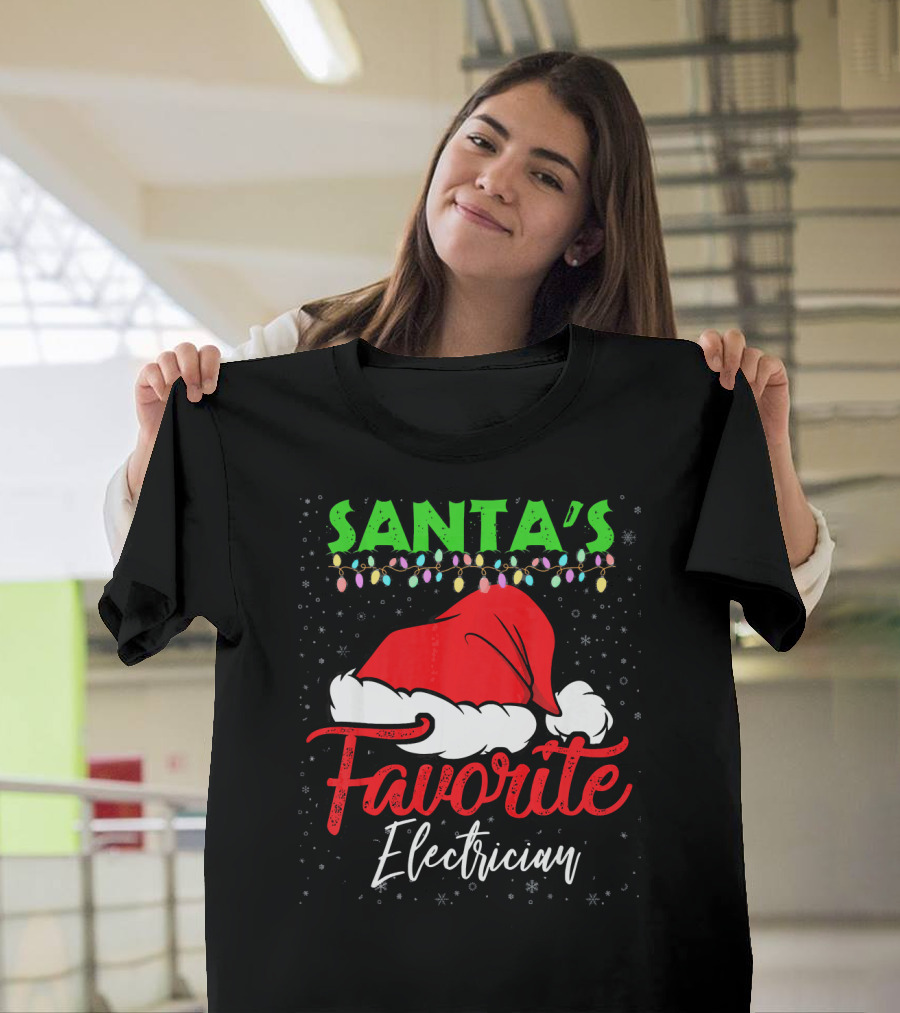 Santa's Favorite Electrician Merry Christmas Hat and Lights T-Shirt