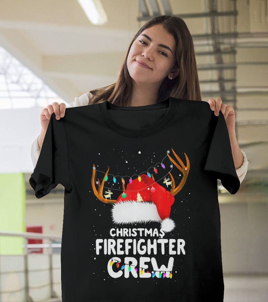 Christmas Firefighter Crew Santa Hat Reindeer Lights T-Shirt