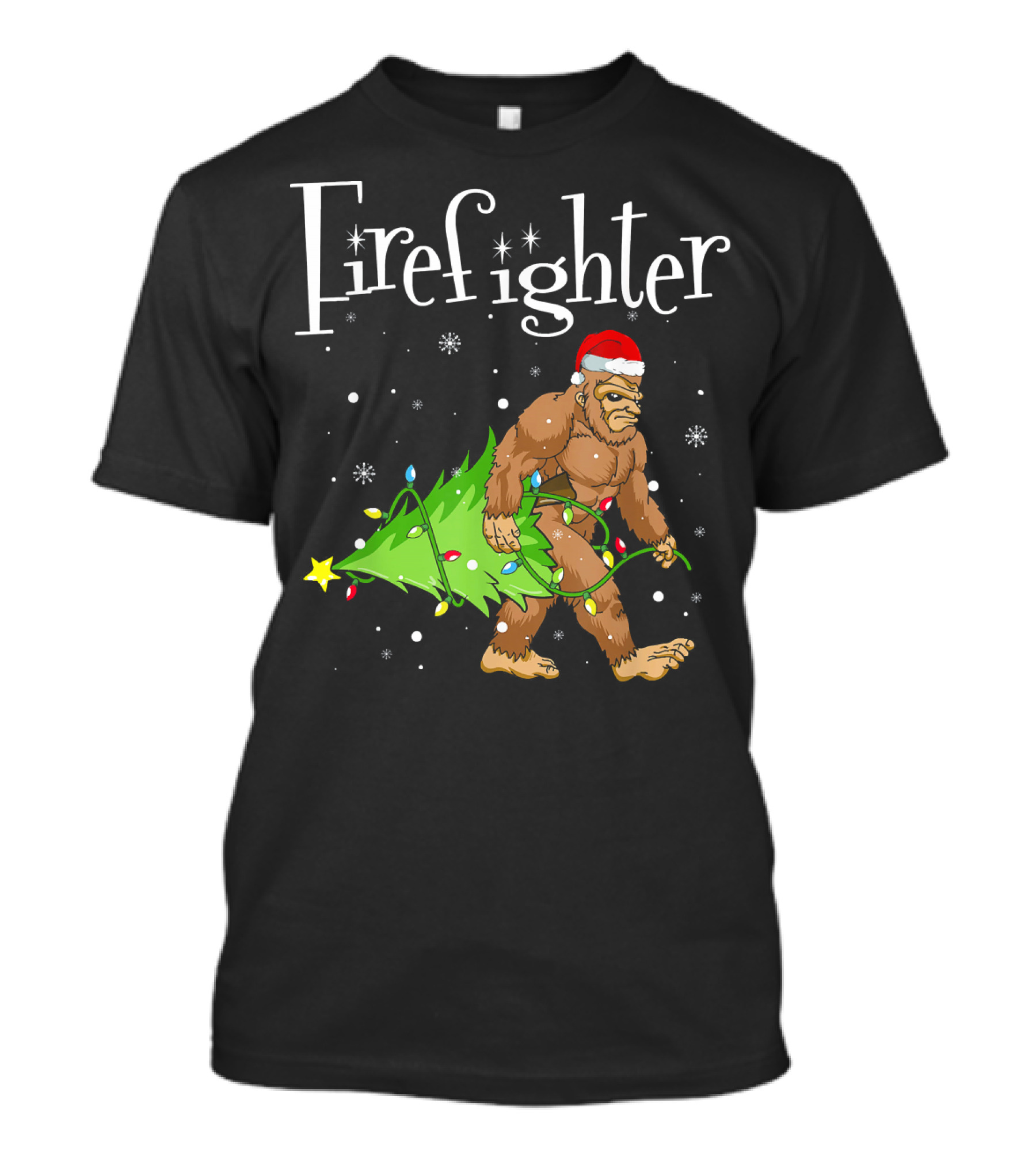 Firefighter Bigfoot Funny Sasquatch Christmas Santa Hat T-Shirt
