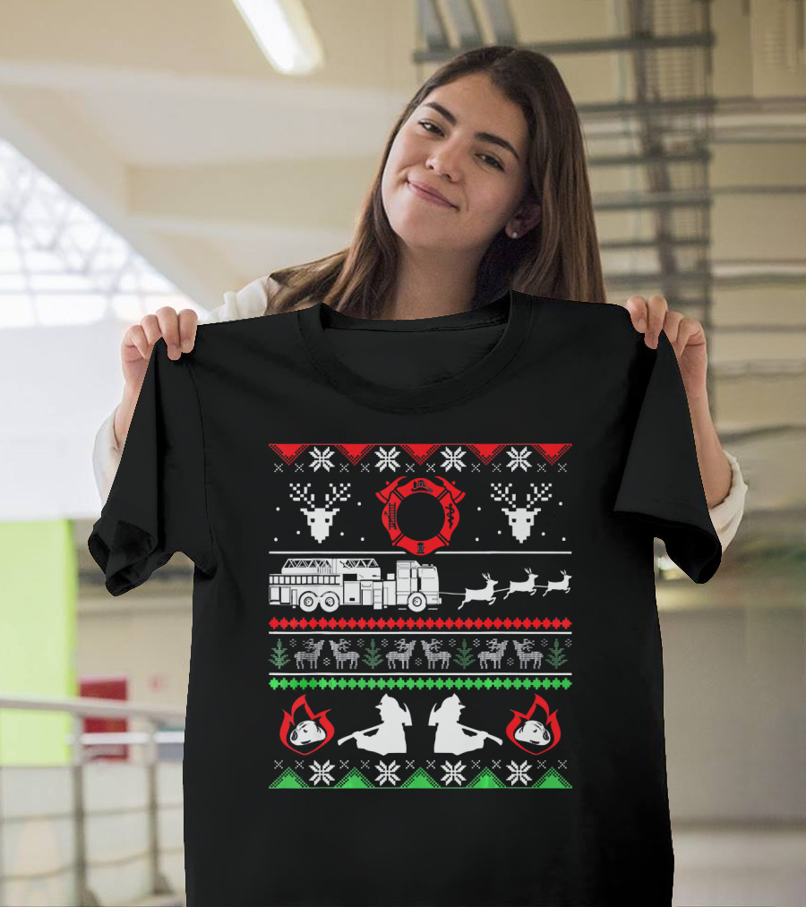 Merry Firefighter Fireman Christmas Reindeer Fire Truck Holiday Sweater Firefighter Emblem T-Shirt