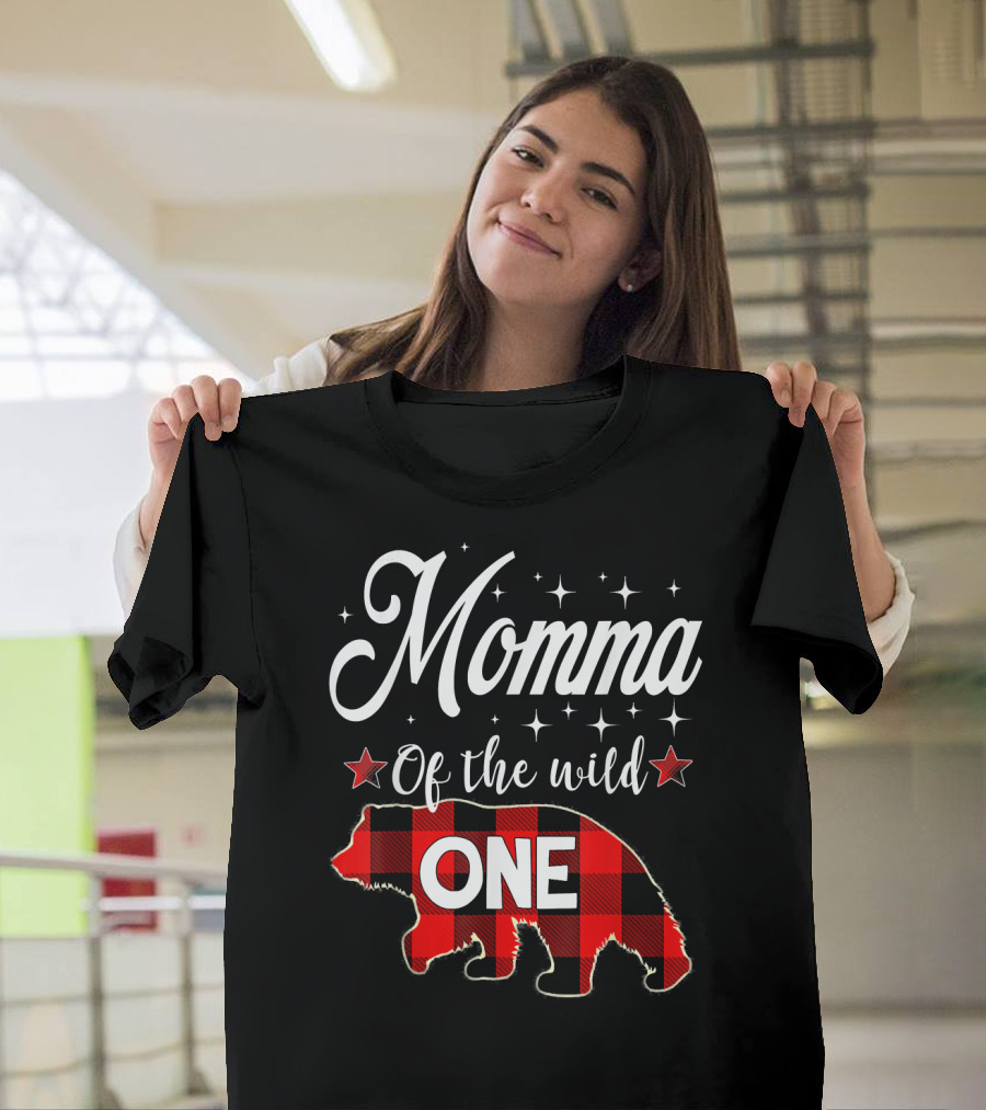 Momma of the Wild One Buffalo Plaid Bear Stars T-Shirt