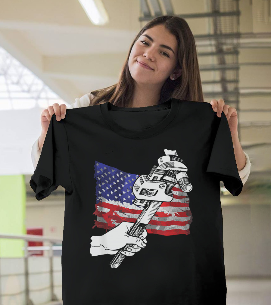 Pipefitter Union Pride with American Flag and Wrench T-Shirt