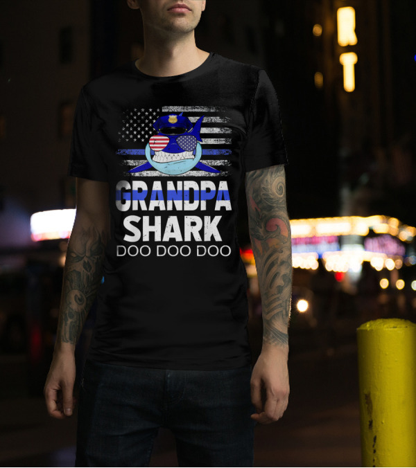 Police Grandpa Shark Doo Doo Doo American Flag Sunglasses Cop Hat T-Shirt