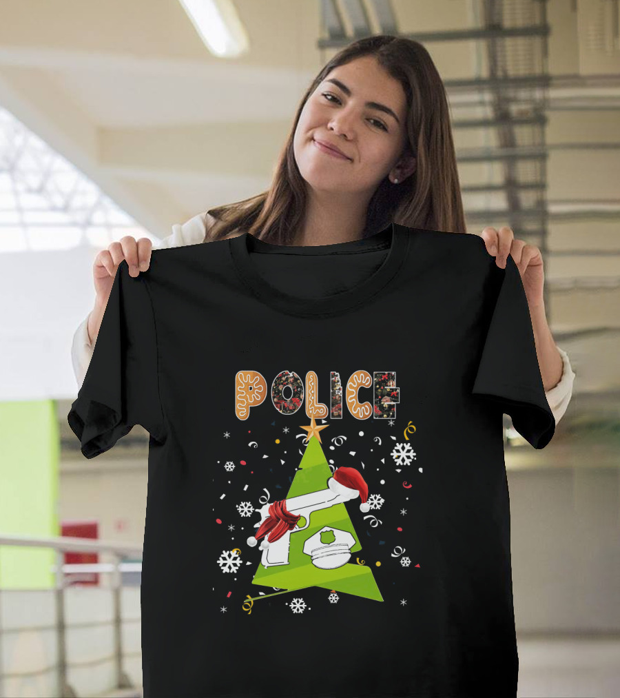 Police Christmas Tree Gingerbread Snowflakes Santa Hat T-Shirt