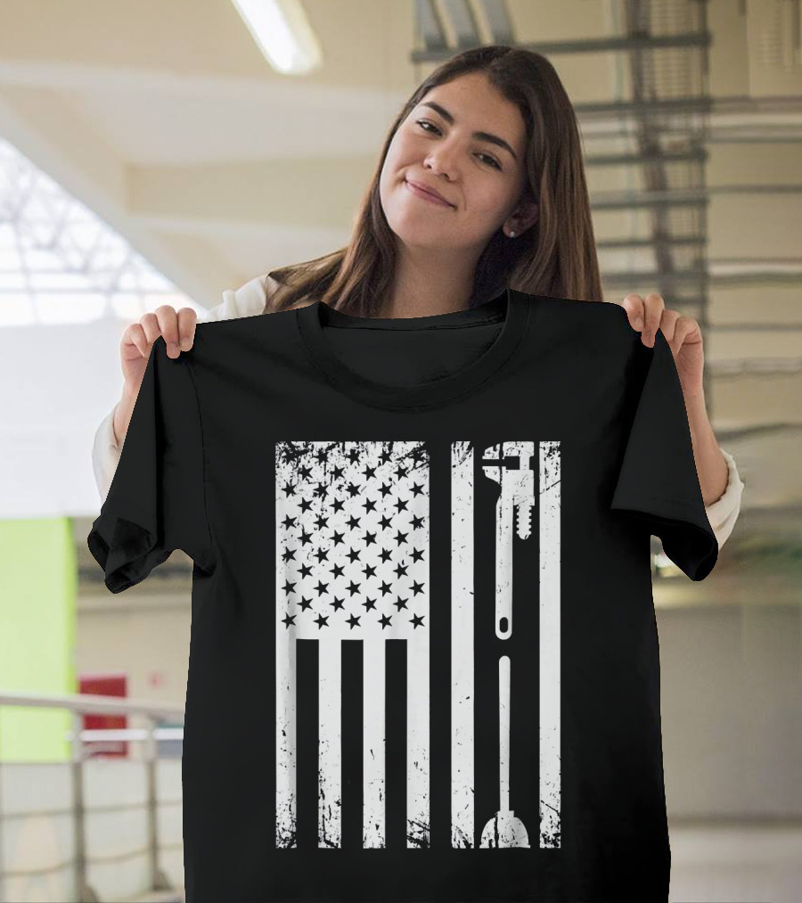 Plumber Wrench American Flag Patriotic US T-Shirt