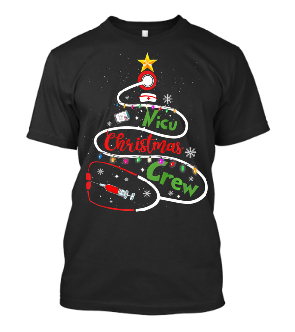 NICU Christmas Crew Neonatal Nurse Techs Stethoscope Tree Light Strand T-Shirt