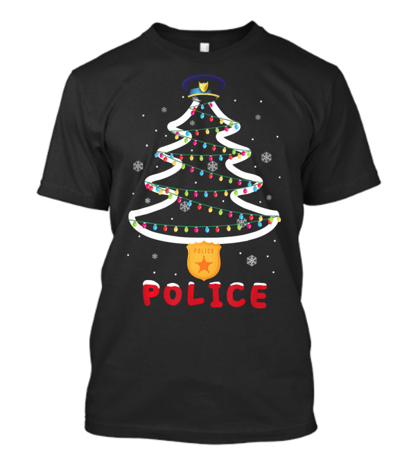 Police Christmas Tree Badge Lights Hat Snowflakes T-Shirt