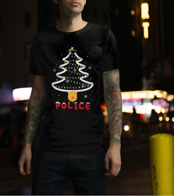 Police Christmas Tree Badge Lights Hat Snowflakes T-Shirt