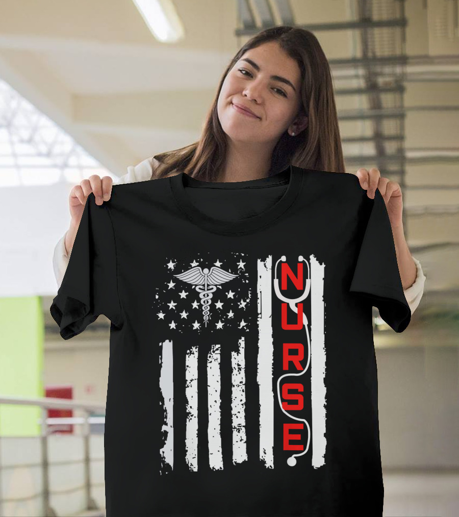 Patriotic American USA Flag Nurse Caduceus Symbol Stethoscope T-Shirt