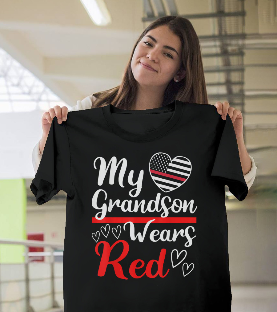 My Grandson Wears Red Heart American Flag Stripe T-Shirt