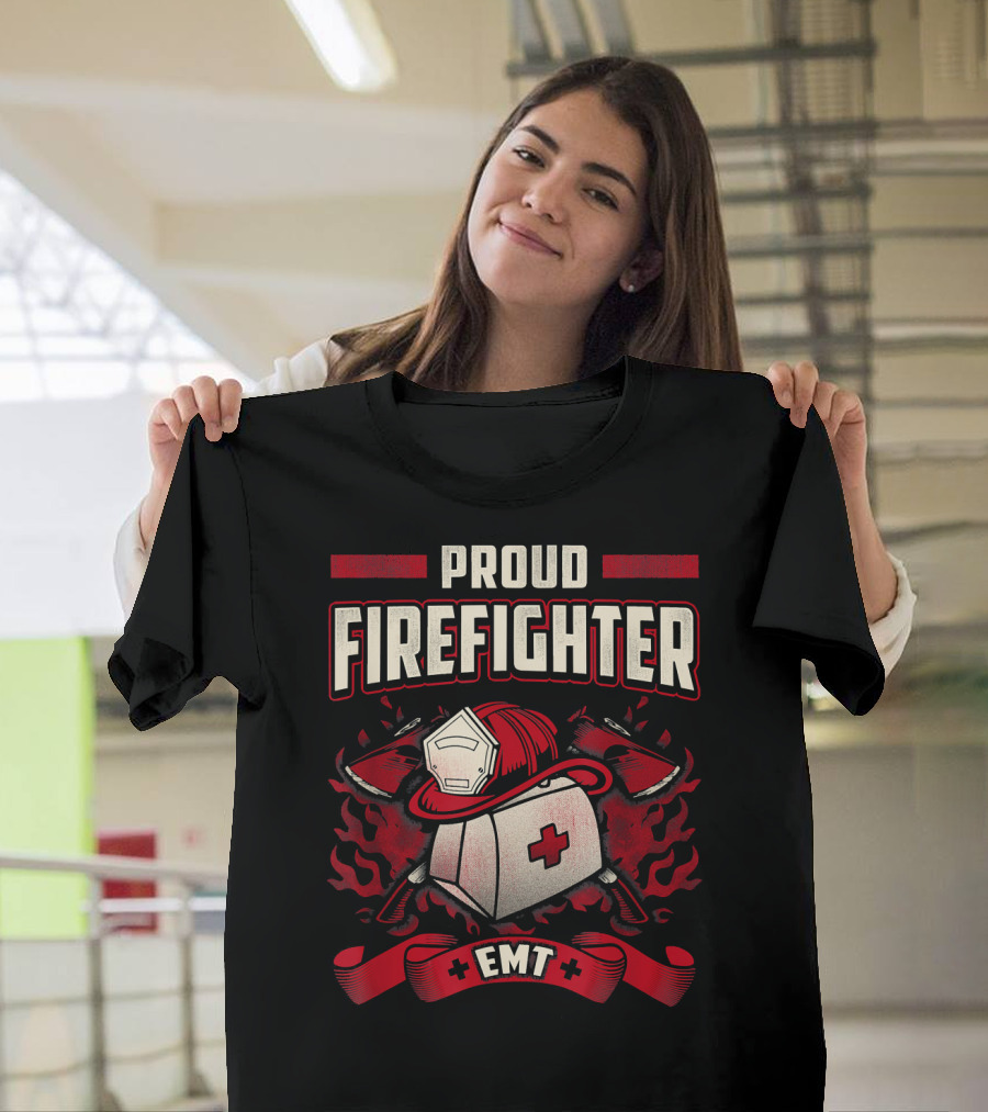 Proud Firefighter EMT Helmet Cross Axe Flames T-Shirt