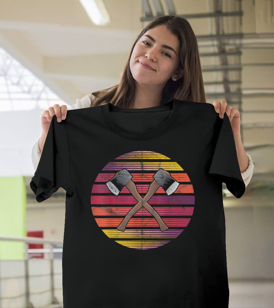 Retro Vintage Crossed Axes Sunset Lumberjack T-Shirt