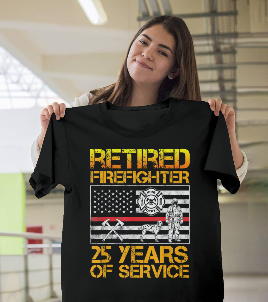 Retired Firefighter 25 Years of Service American Flag Fire Dept Emblem T-Shirt