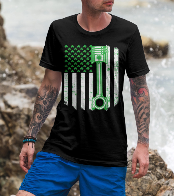 Saint Patricks Day USA Flag Green Irish Shamrock Piston T-Shirt