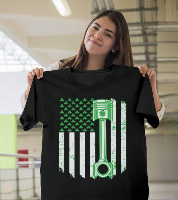 Saint Patricks Day USA Flag Green Irish Shamrock Piston T-Shirt