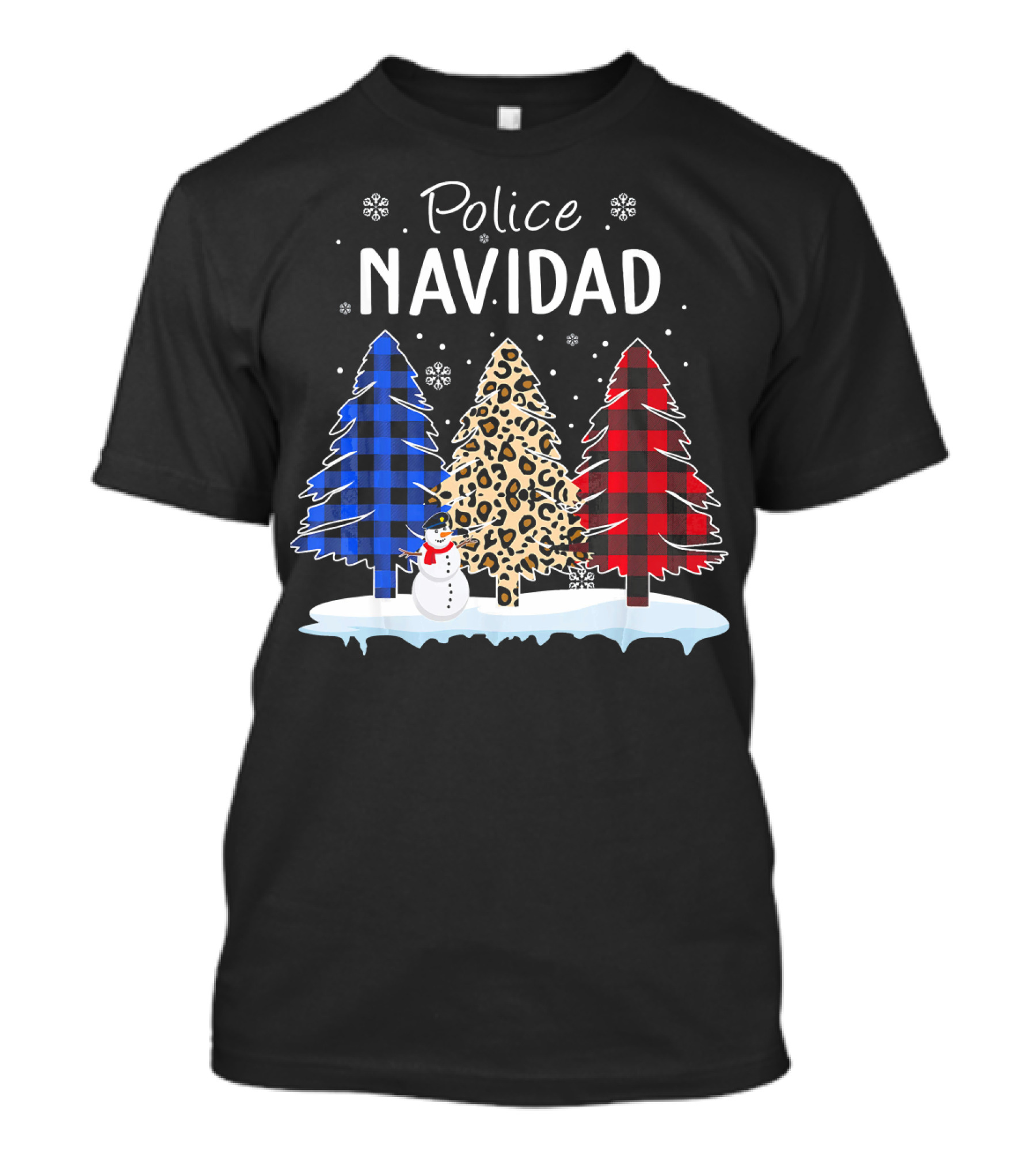 Police Navidad Snowman Buffalo Plaid Leopard Trees T-Shirt