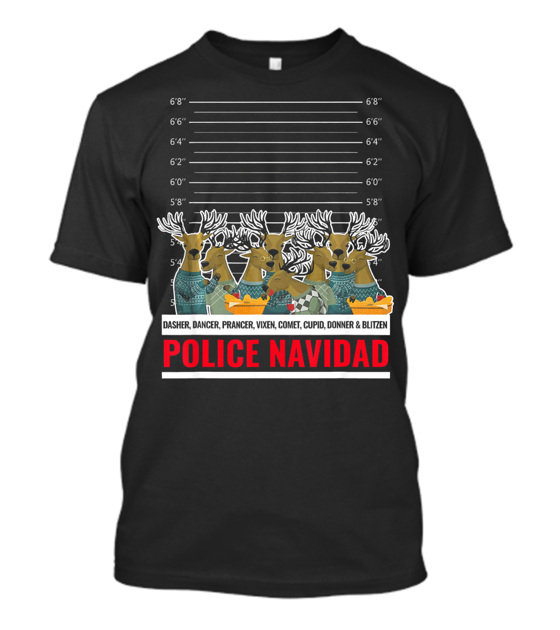 Police Navidad Reindeer Lineup With Dasher Dancer Prancer Vixen Comet Cupid Donner Blitzen T-Shirt