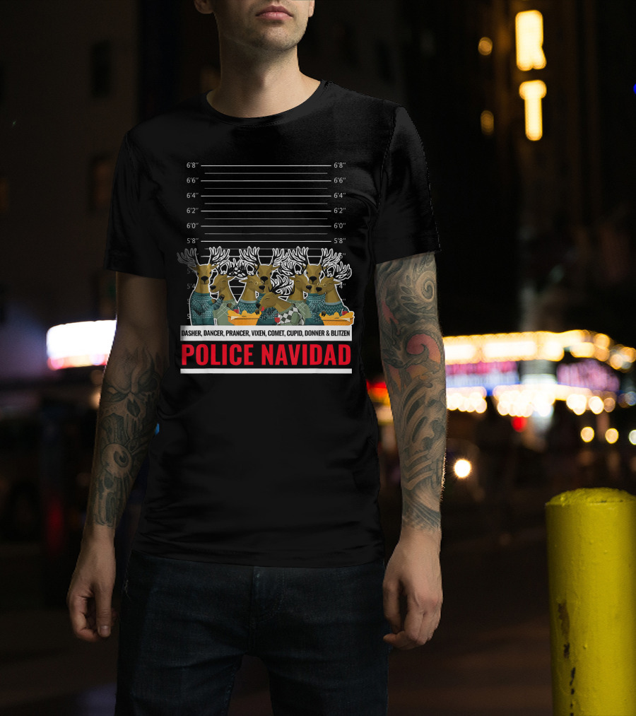 Police Navidad Reindeer Lineup With Dasher Dancer Prancer Vixen Comet Cupid Donner Blitzen T-Shirt
