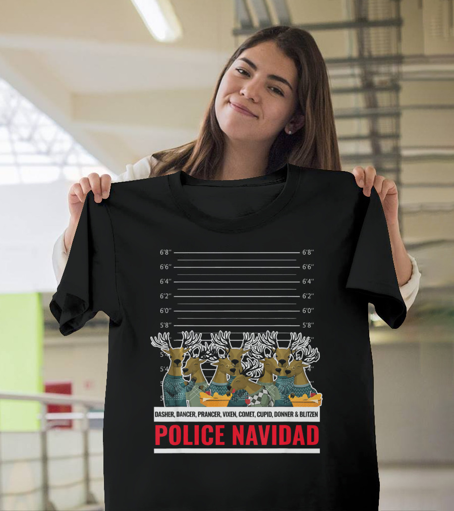 Police Navidad Reindeer Lineup With Dasher Dancer Prancer Vixen Comet Cupid Donner Blitzen T-Shirt