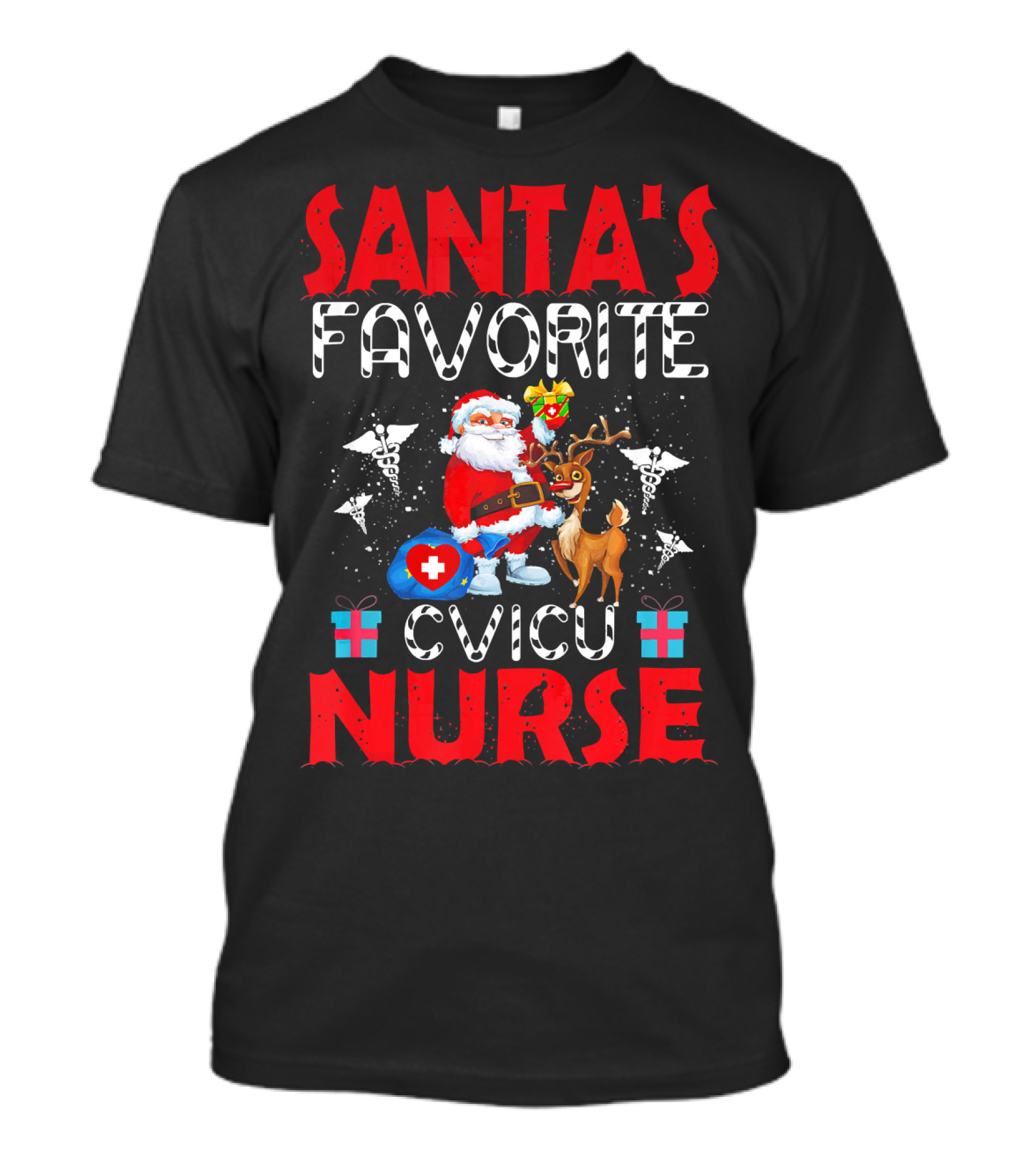 Santa's Favorite CVICU Nurse With Reindeer And Medical Symbols T-Shirt
