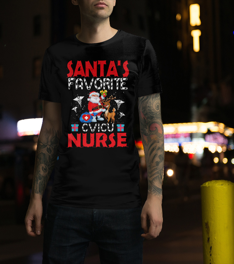 Santa's Favorite CVICU Nurse With Reindeer And Medical Symbols T-Shirt
