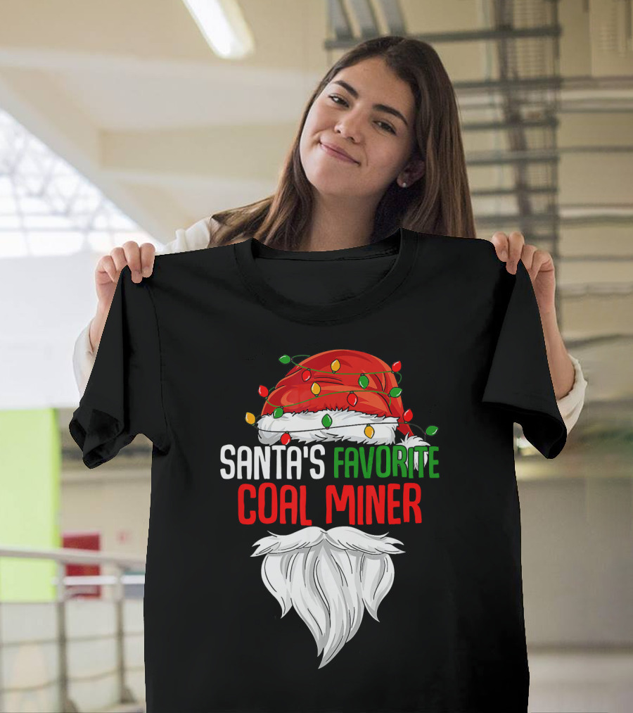 Santas Favorite Coal Miner Christmas Hat Beard Lights T-Shirt