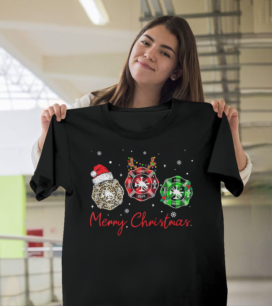 Merry Christmas Fire Department Santa Hat Buffalo Plaid T-Shirt
