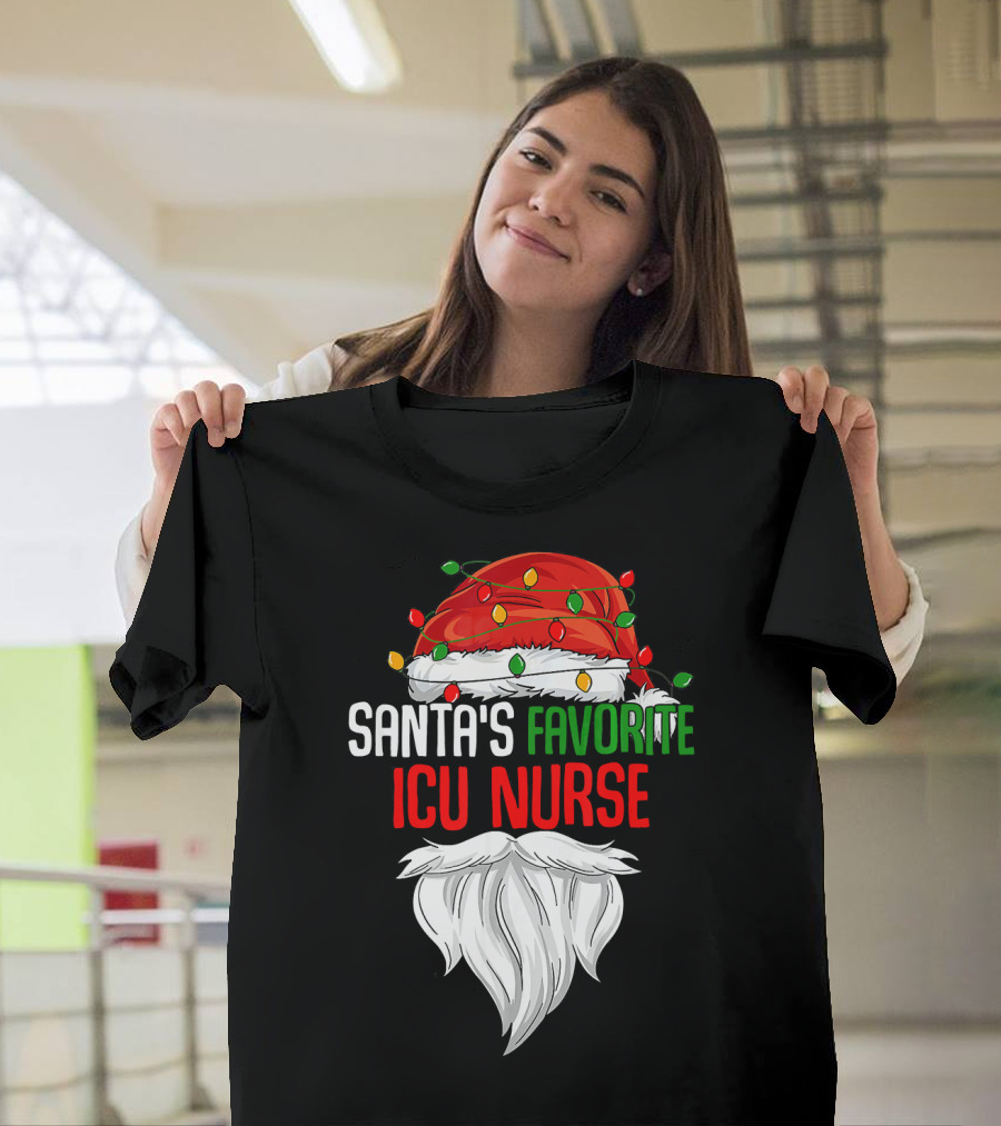 Santas Favorite ICU Nurse Christmas Hat and Beard Festive T-Shirt