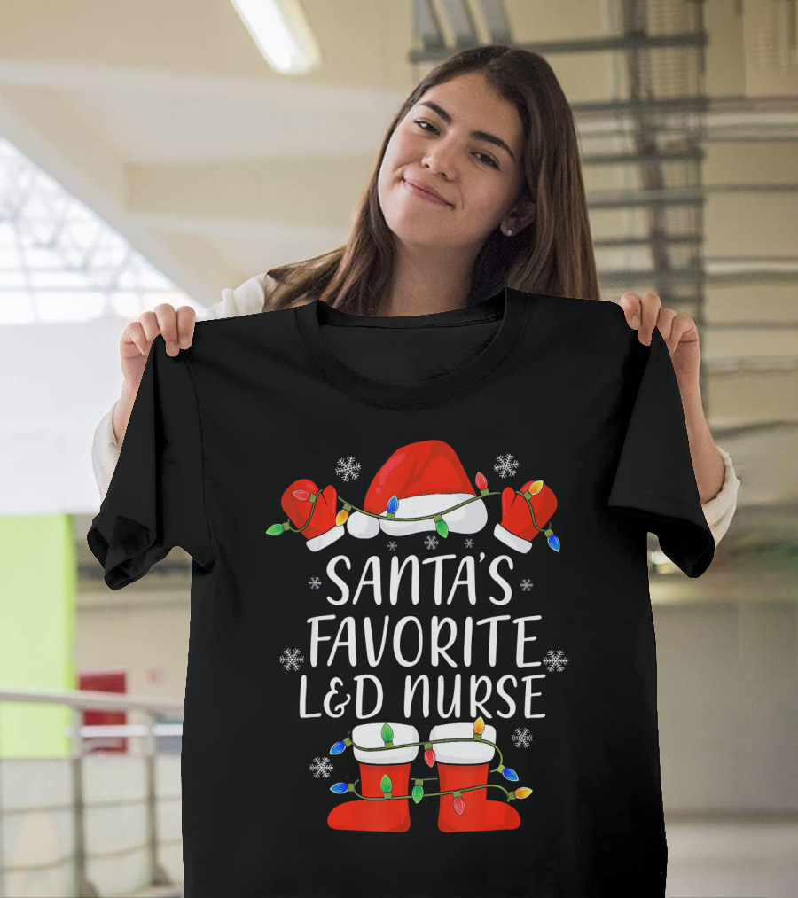 Santa's Favorite L&D Nurse Christmas Hat Boots Lights Snowflakes T-Shirt