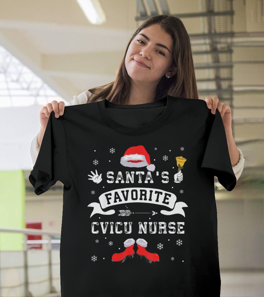 Santa's Favorite CVICU Nurse Christmas Hat Boots Snowflakes Bell Arrow T-Shirt