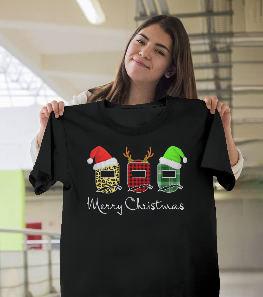 Merry Christmas Santa Hat Buffalo Plaid Welder Christmas Helmets T-Shirt