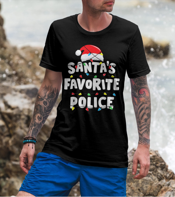 Santa's Favorite Police Christmas Lights Santa Hat T-Shirt