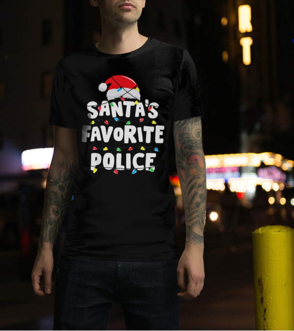 Santa's Favorite Police Christmas Lights Santa Hat T-Shirt