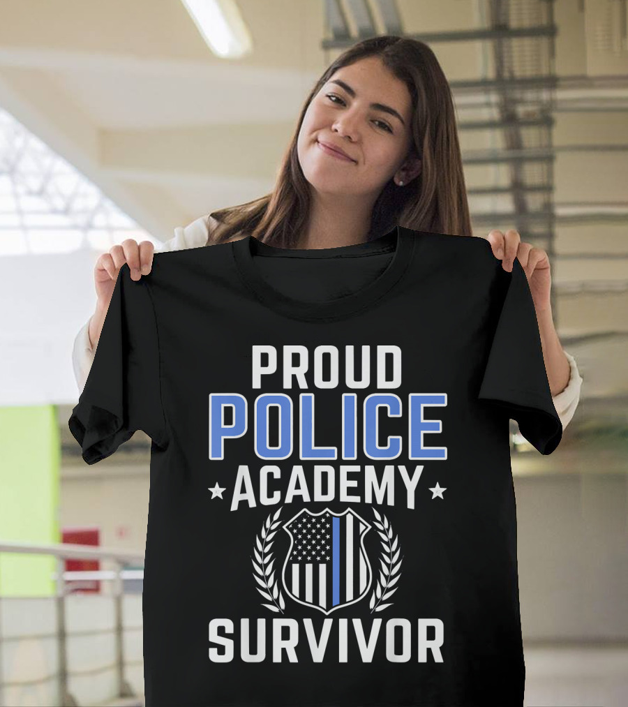 Proud Police Academy Survivor American Flag Thin Blue Line T-Shirt