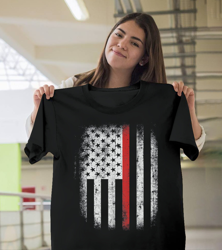 THIN RED LINE AMERICAN FLAG MILITARY FIREFIGHTER SUPPORT T-Shirt
