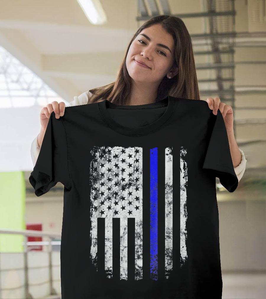Thin Blue Line Distressed American USA Flag T-Shirt