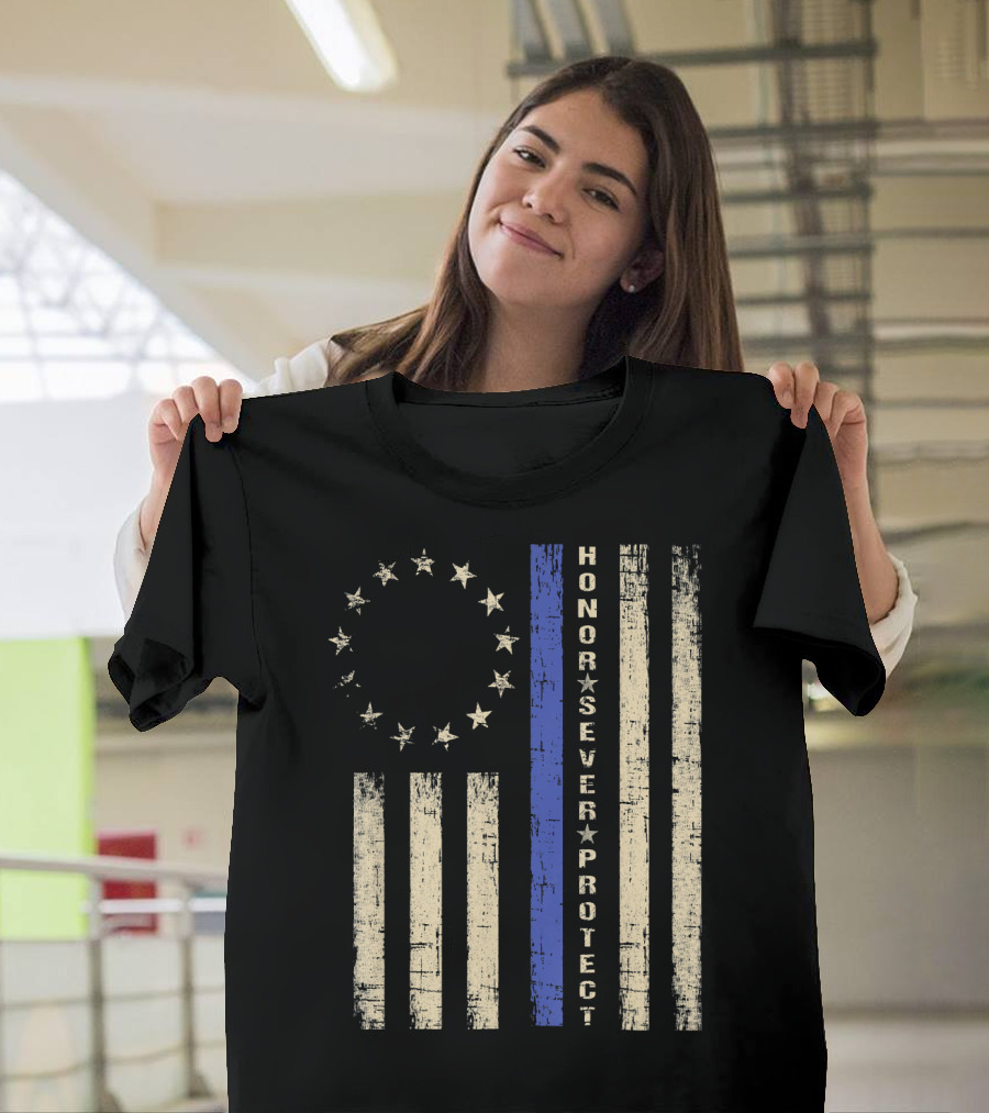 Betsy Ross Flag with Thin Blue Line Honor Serve Protect T-Shirt