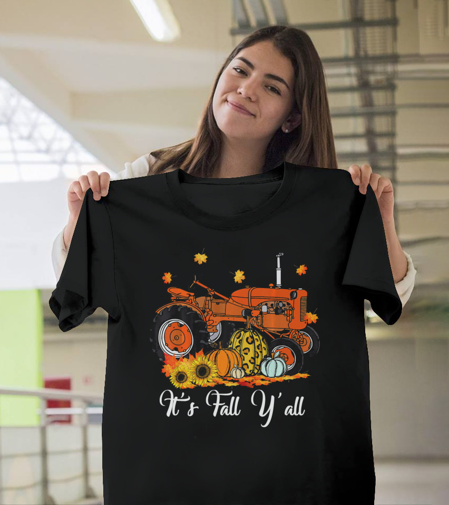 It's Fall Y'all Tractor with Leopard Print Pumpkin Sunflowers and Leaves T-Shirt
