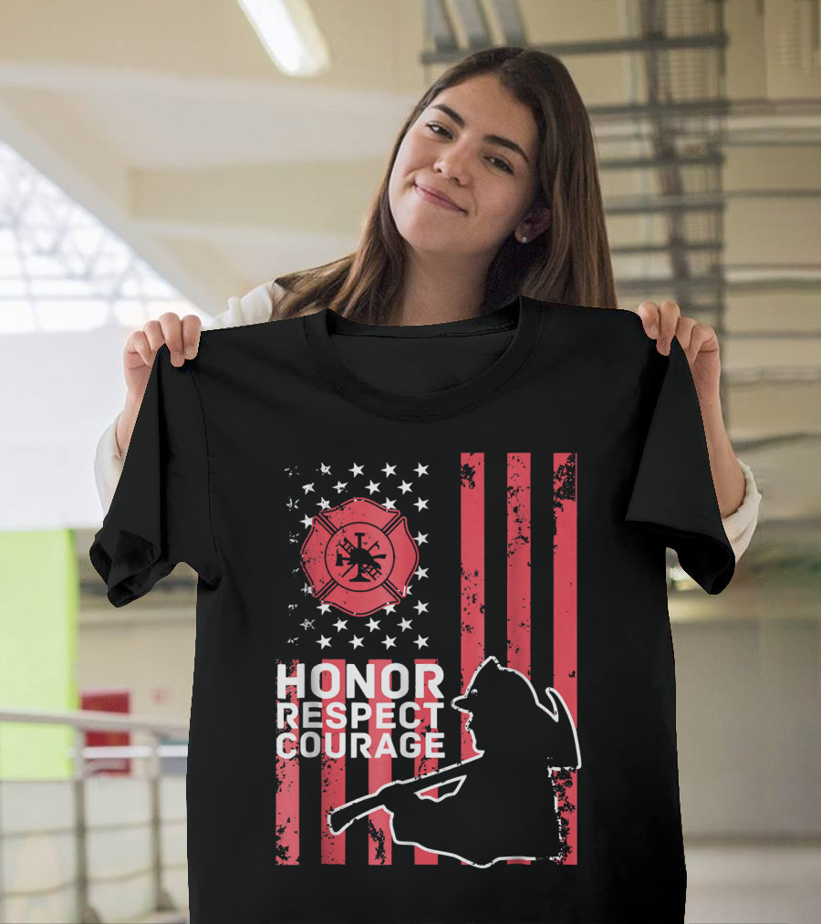 Thin Red Line Honor Respect Courage Firefighter Silhouette and American Flag T-Shirt