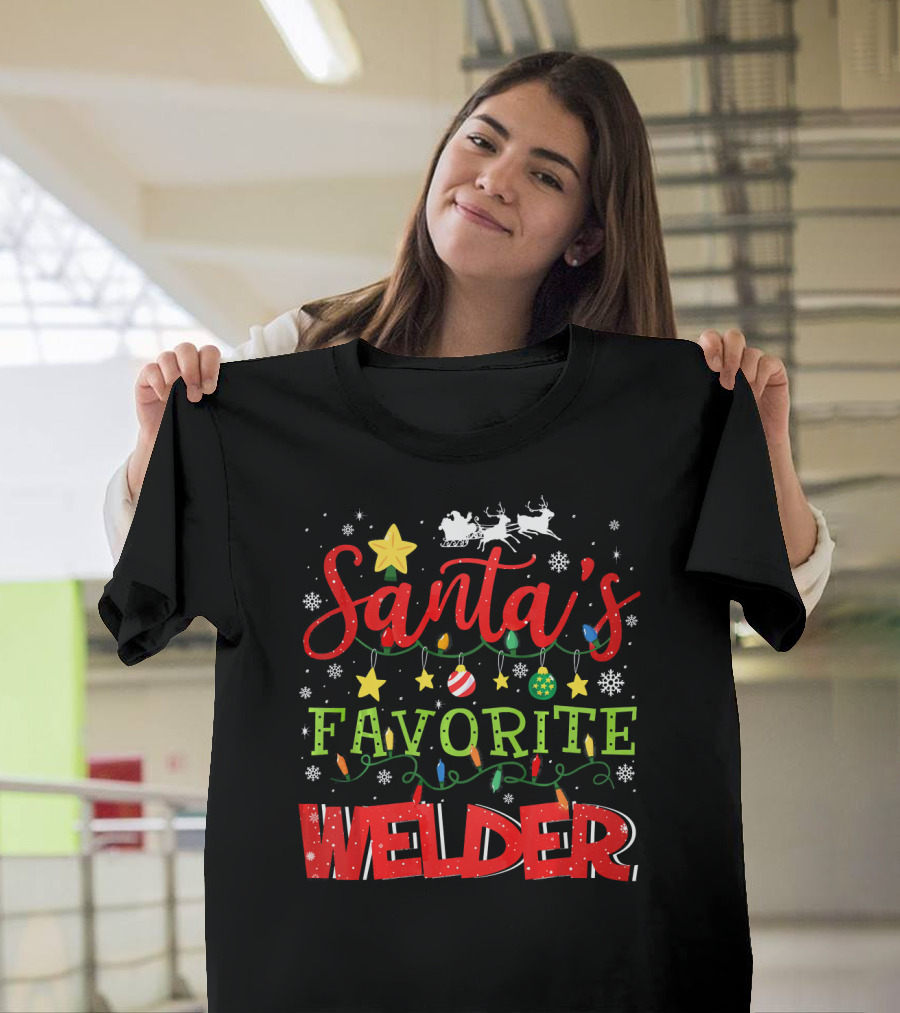 Santa's Favorite Welder Christmas Holiday Lights and Snowflakes T-Shirt