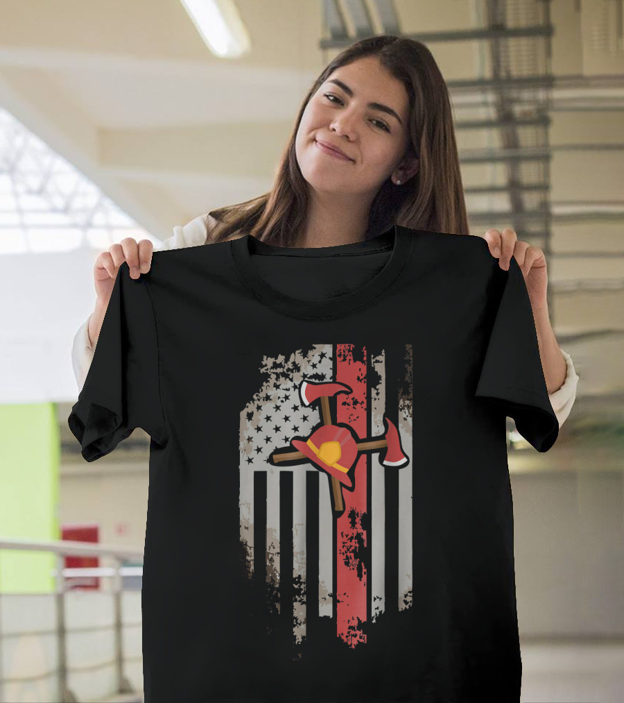 Vintage Firefighter Helmet and Axes Over Distressed American Flag T-Shirt