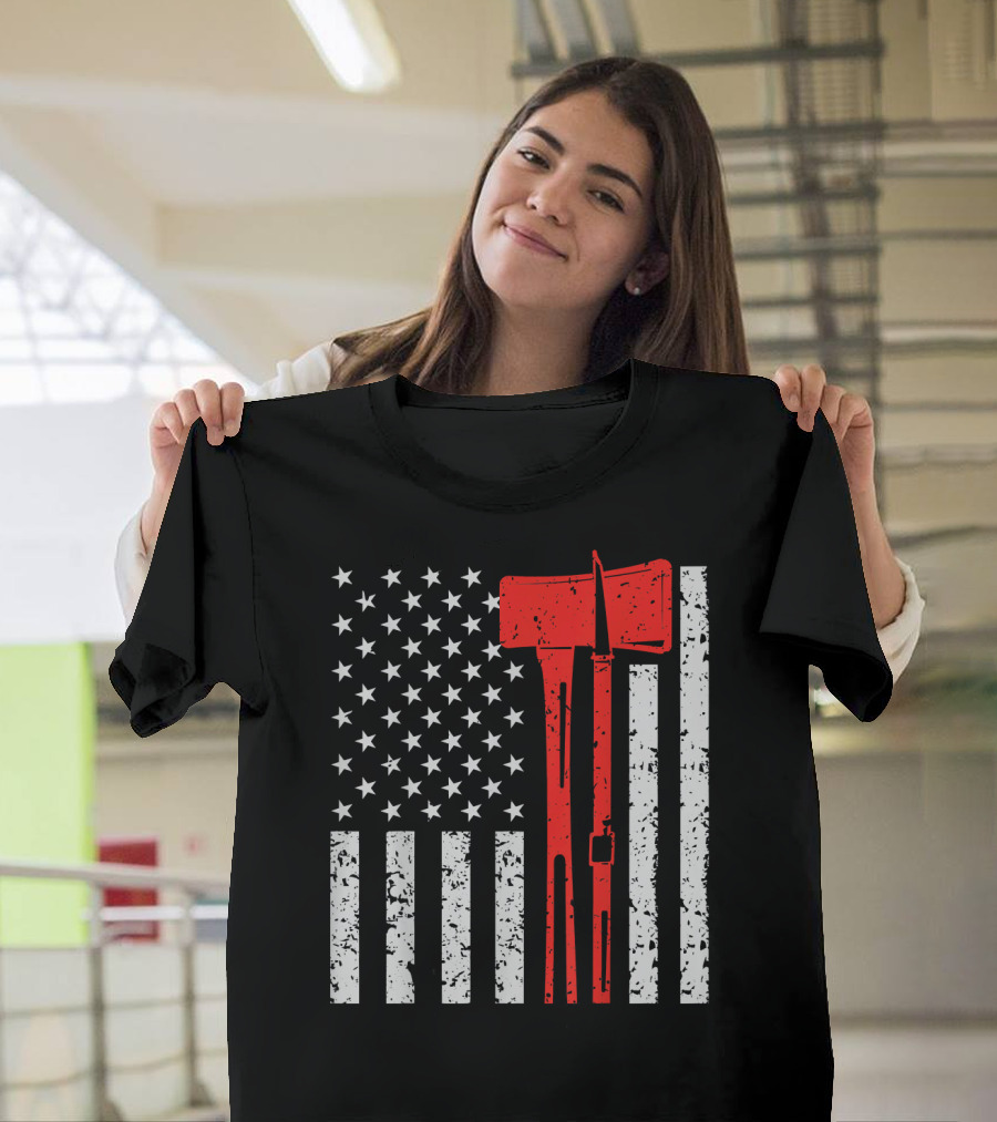 American Flag Thin Red Line Firefighter Ax Irons T-Shirt