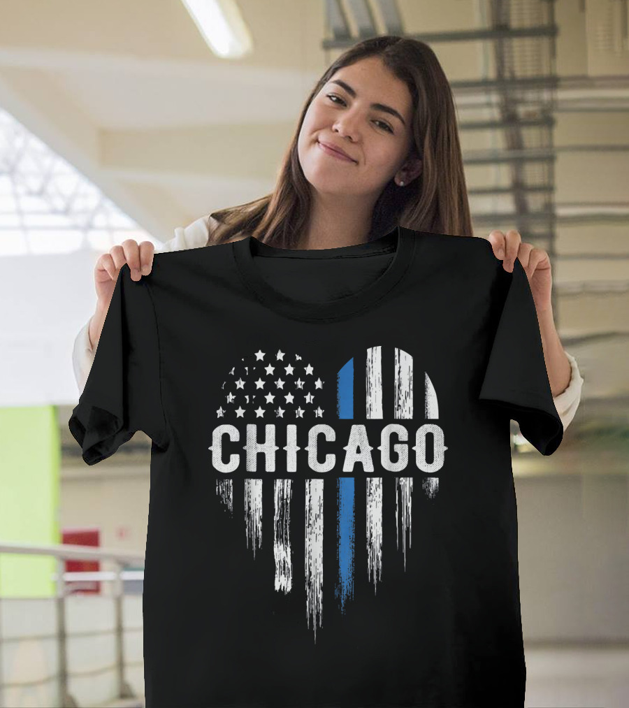 Chicago Thin Blue Line Heart Flag T-Shirt