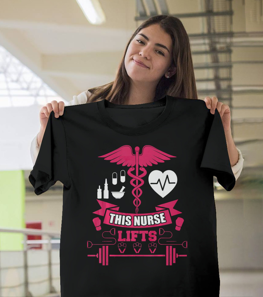This Nurse Lifts Weightlifting Gym Meme Caduceus Heartbeat Boxing Weights T-Shirt