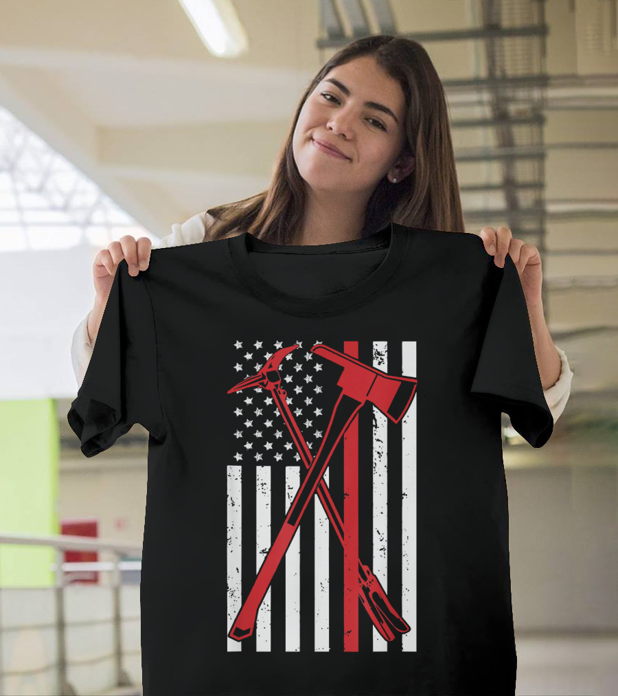 Thin Red Line Firefighter Axes American Flag USA T-Shirt
